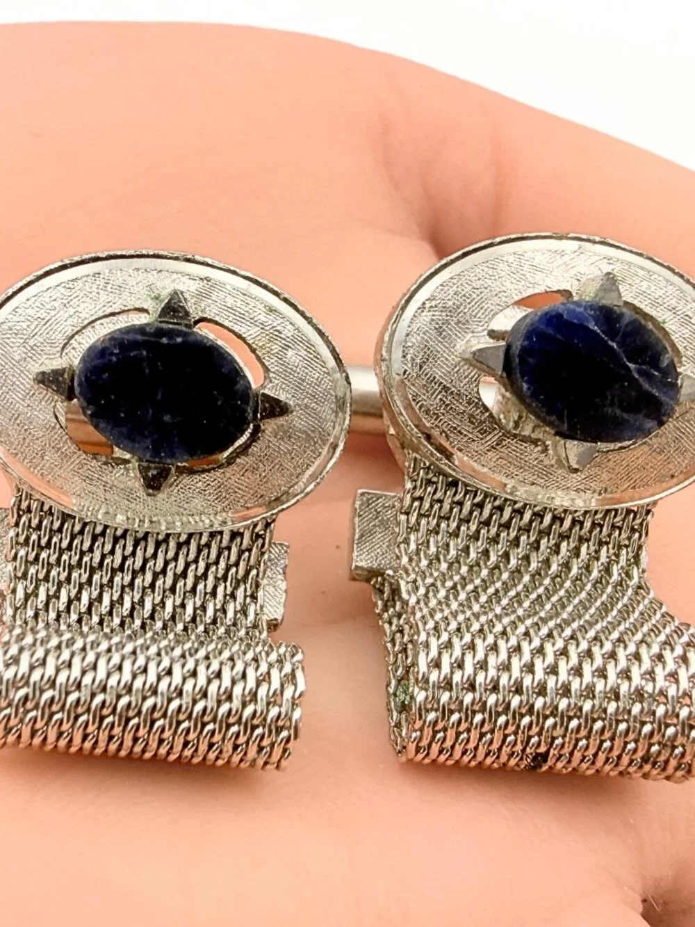 Dante Signed MCM Oval Glass Compass Motif Silver Plated Mesh Cufflinks